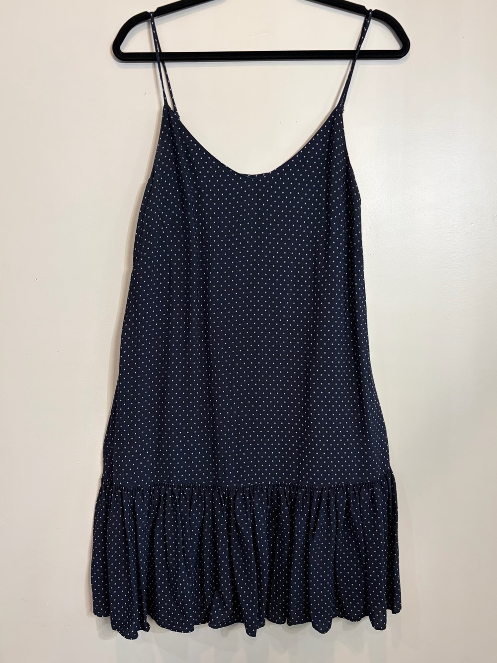 LOFT Navy Blue Polka Dot Spaghetti Strap Ruffle-Hem Dress